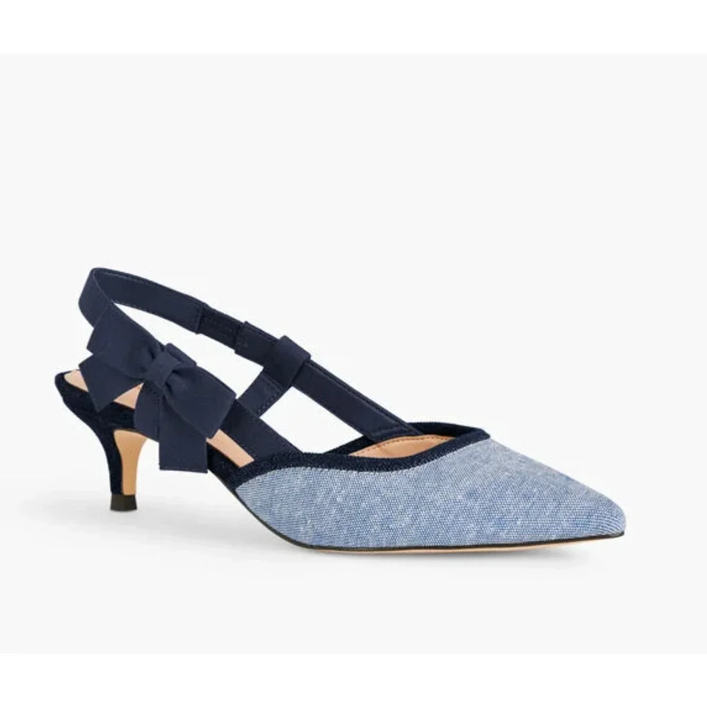 NEW TALBOTS CHAMBRAY DARK DENIM SYLVIE BOW SLINGBACK PUMPS SHOES SZ 6